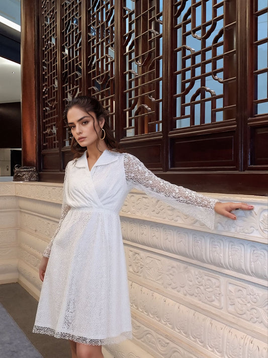 Ethereal White Lace Mesh Dress with Collared Wrap Neck