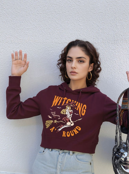 LushLounge Maroon Cropped Hoodie – Witching Around Graphic Cotton Sweatshirt