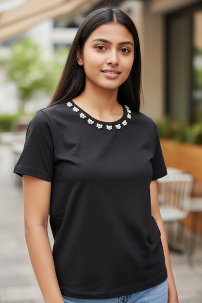 Front view of women’s black pearl floral neck cotton T-shirt
