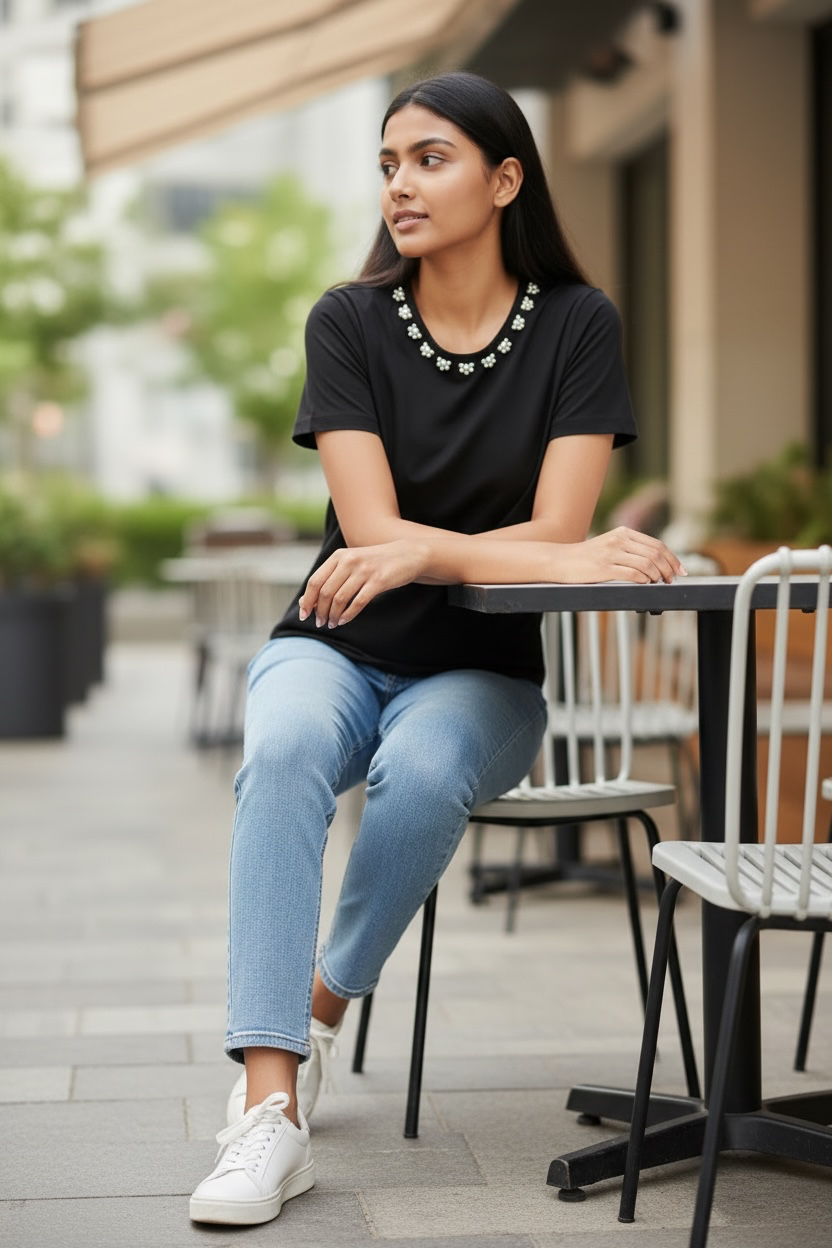 Model wearing women’s black pearl floral neck cotton T-shirt paired with blue jeans
