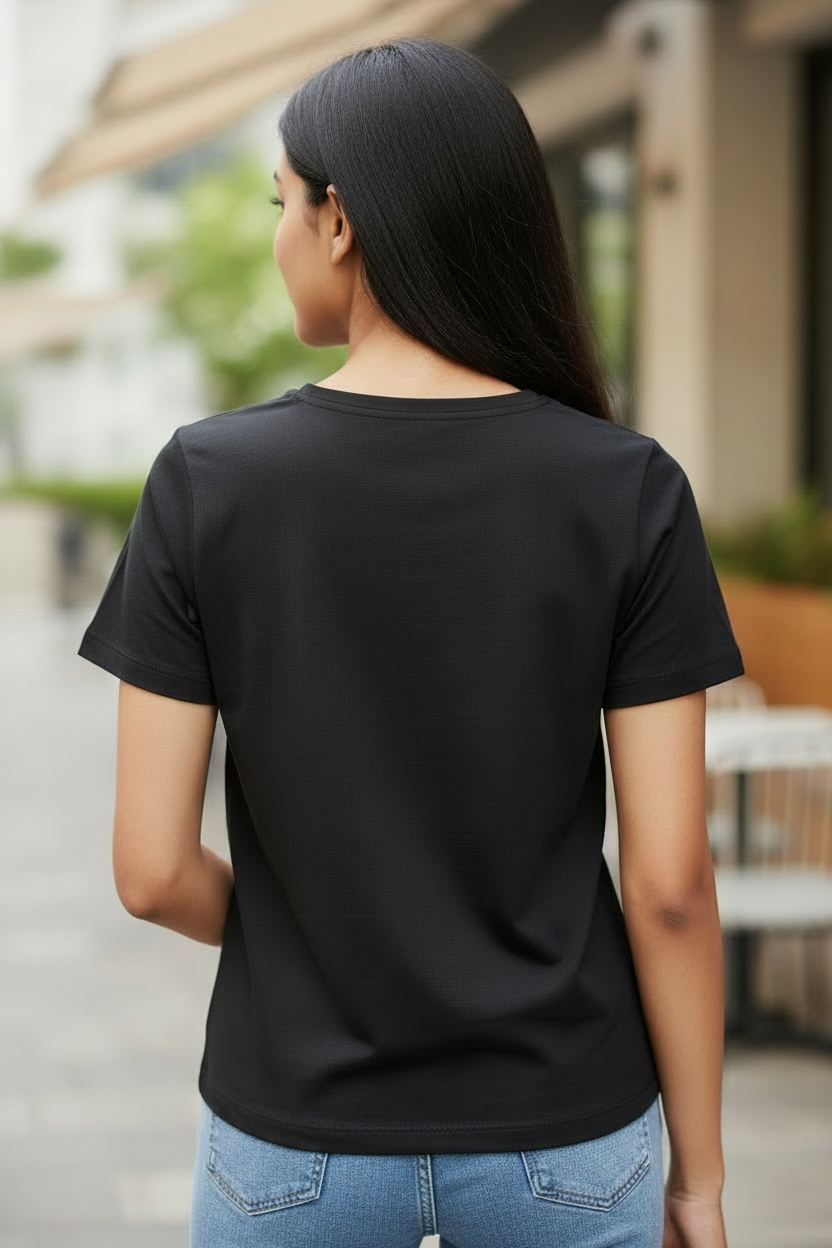 Back view of women’s black pearl floral neck cotton T-shirt
