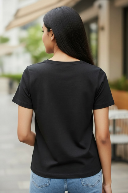 Back view of women’s black pearl floral neck cotton T-shirt
