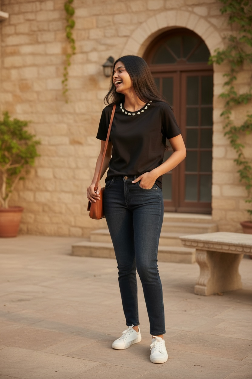 Model wearing women’s black pearl floral neck cotton T-shirt with black jeans
