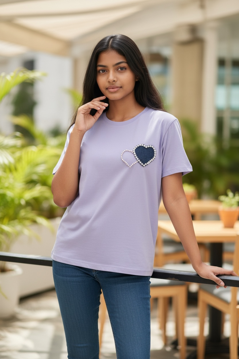 Front view of women’s lavender pearl heart patch cotton T-shirt
