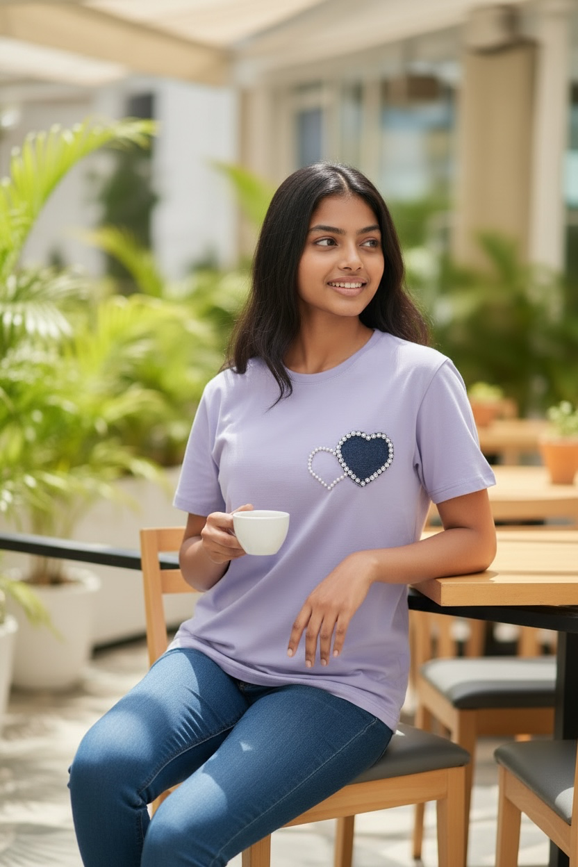 Woman wearing a lavender pearl heart patch cotton T-shirt while seated at a café

