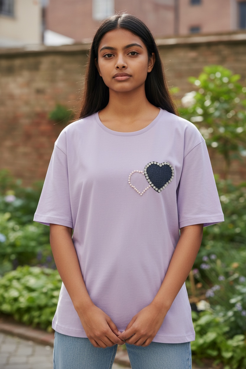 Close-up of women’s lavender pearl heart patch cotton T-shirt featuring a double heart design
