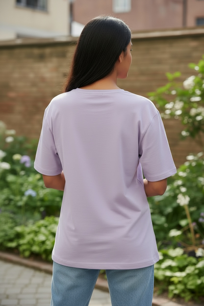 Back view of women’s lavender pearl heart patch cotton T-shirt
