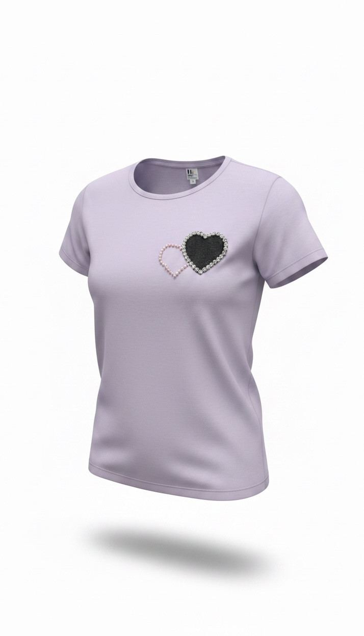 Women’s lavender cotton T-shirt with hand-embellished double heart pearl patch