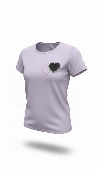 Women’s lavender cotton T-shirt with hand-embellished double heart pearl patch