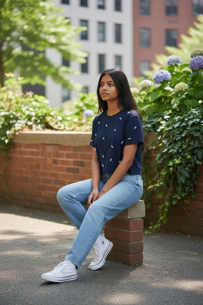 Woman wearing a navy pearl embellished cotton crop T-shirt with light blue jeans