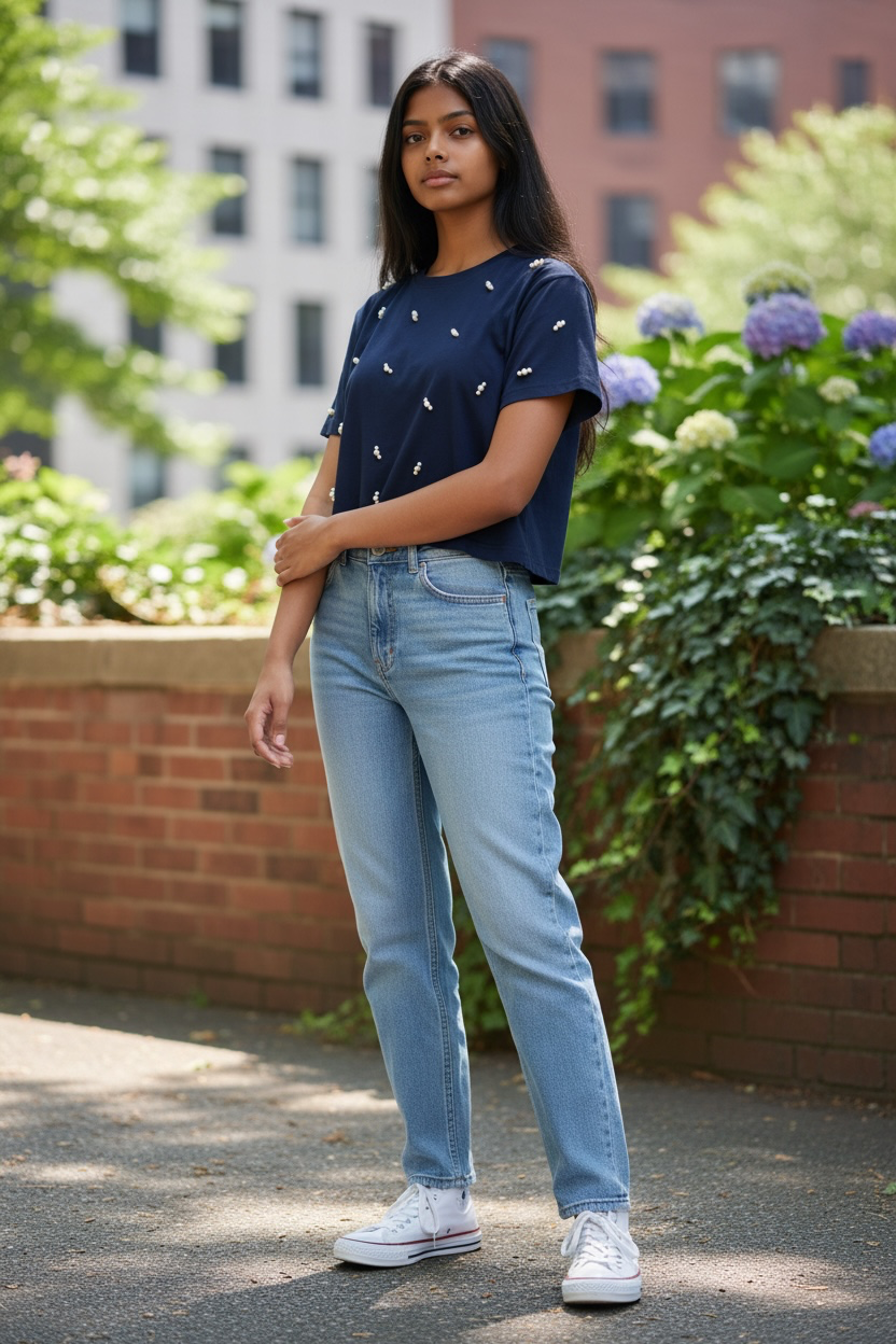 
Front view of women’s navy pearl embellished cotton crop T-shirt
