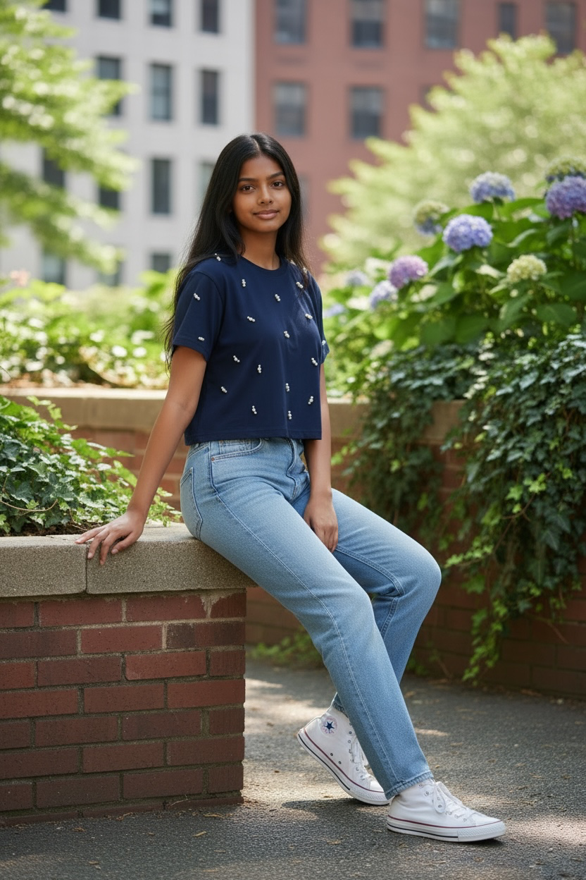 Model wearing a navy pearl embellished cotton crop T-shirt paired with blue jeans
