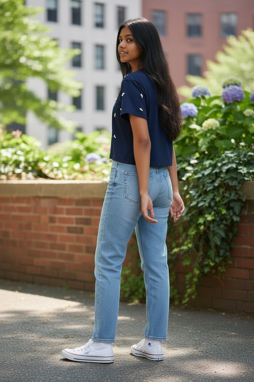 Side and back view of women’s navy pearl embellished cotton crop T-shirt