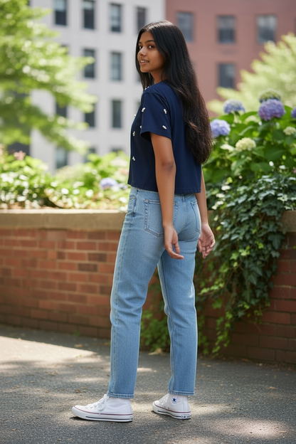 Side and back view of women’s navy pearl embellished cotton crop T-shirt