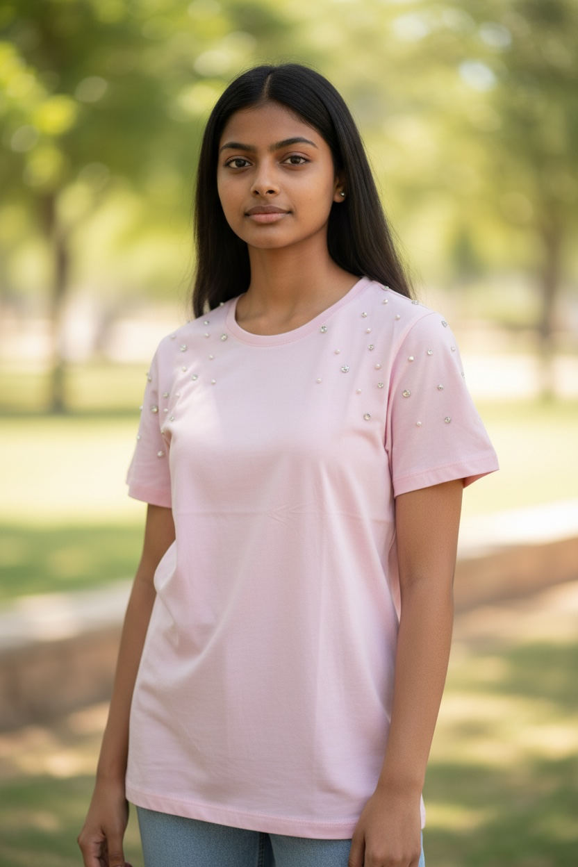 Close-up of women’s pink pearl embellished cotton T-shirt with pearl shoulder detailing
