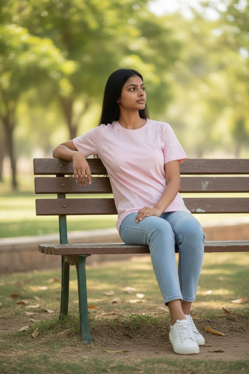 Model wearing women’s pink pearl embellished cotton T-shirt paired with blue jeans