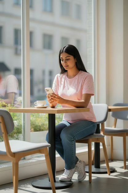 Woman wearing a pink pearl embellished cotton T-shirt while seated at a café
