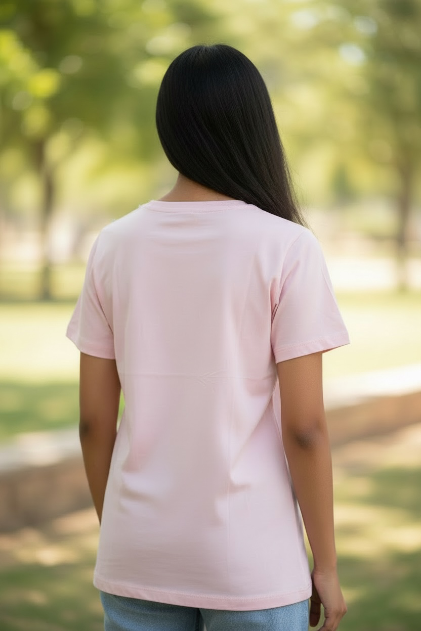 Back view of women’s pink pearl embellished cotton T-shirt
