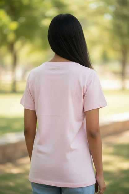 Back view of women’s pink pearl embellished cotton T-shirt
