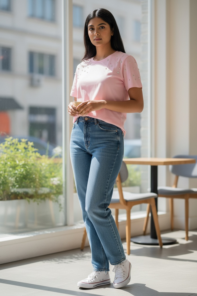 Front view of women’s pink pearl embellished cotton T-shirt
