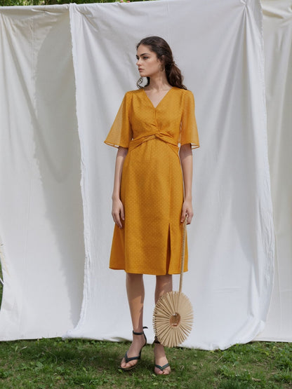 Mustard Yellow Polka Dot Midi Dress with Flowy Sleeves