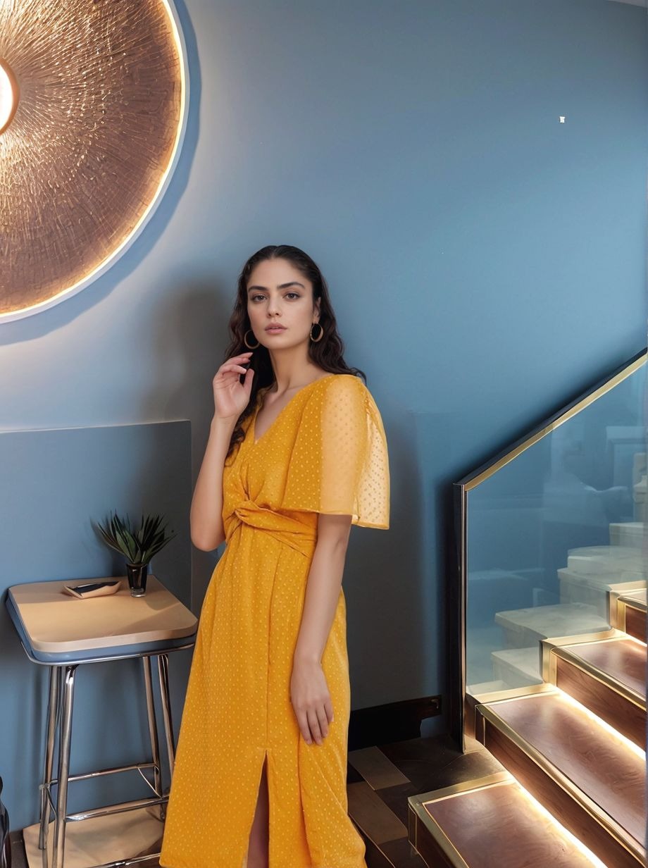 Mustard Yellow Polka Dot Midi Dress with Flowy Sleeves